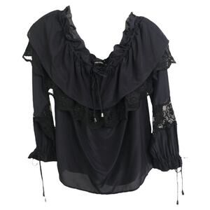 Love Sam Women's Off The Shoulder Blouse Black Silk Floral Lace Long Sleeve Sz S